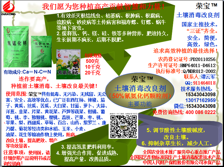 榮寶（氰氨化鈣）顆粒殺菌劑，土壤消毒、緩釋氮鈣營(yíng)養(yǎng)、肥料增效、土壤改良四效合一，殺滅根結(jié)線(xiàn)蟲(chóng)，防治根腫病、根腐病、枯萎病、流膠病、蓮藕腐敗病等土傳病害，殺滅福壽螺、釘螺等地下害蟲(chóng)，解決連作障礙